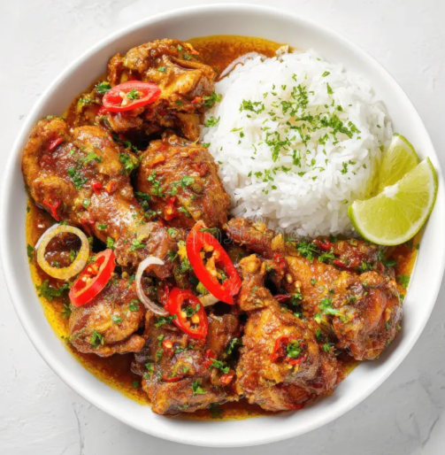 delicious-authentic-spicy-chicken-curry-fluffy-white-basmati-rice-garnished-fresh-green-herbs-red-chili-peppers-served-432331125